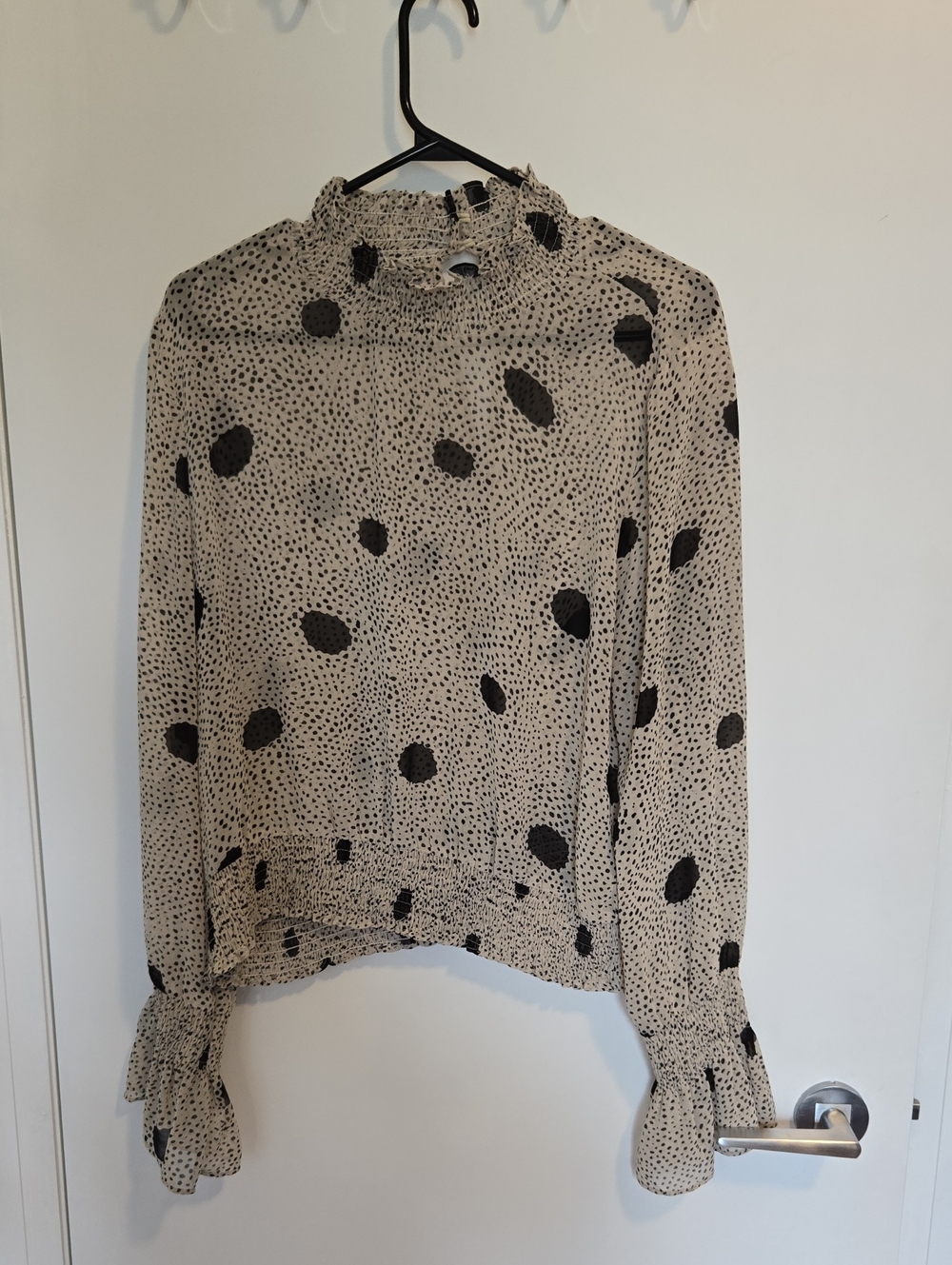 Womens High-Neck Long-Sleeve Dot Print Blouse - Beige/Black